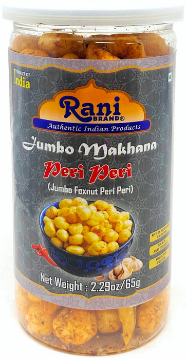 Rani Jumbo Phool Makhana (Fox Nut/Popped Lotus Seed) Peri-Peri (Spicy Flavor) 2.29oz (65g) Vacuum Sealed, Easy Open Top, Resealable Container