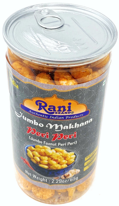 Rani Jumbo Phool Makhana (Fox Nut/Popped Lotus Seed) Peri-Peri (Spicy Flavor) 2.29oz (65g) Vacuum Sealed, Easy Open Top, Resealable Container