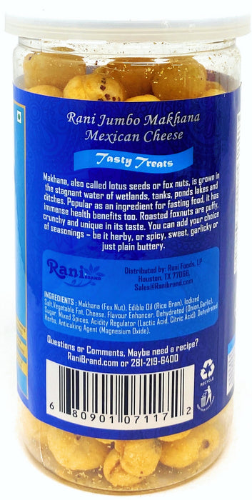 Rani Jumbo Phool Makhana (Fox Nut/Popped Lotus Seed) Mexican Cheese Flavor 2.29oz (65g) Vacuum Sealed, Easy Open Top, Resealable Container
