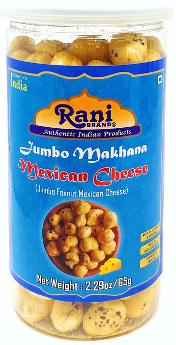 Rani Jumbo Phool Makhana (Fox Nut/Popped Lotus Seed) Mexican Cheese Flavor 2.29oz (65g) Vacuum Sealed, Easy Open Top, Resealable Container