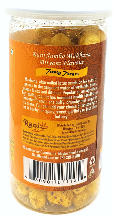 Rani Jumbo Phool Makhana (Fox Nut/Popped Lotus Seed) Biryani Flavor 2.29oz (65g) Vacuum Sealed, Easy Open Top, Resealable Container
