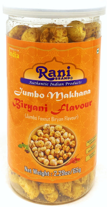 Rani Jumbo Phool Makhana (Fox Nut/Popped Lotus Seed) Biryani Flavor 2.29oz (65g) Vacuum Sealed, Easy Open Top, Resealable Container