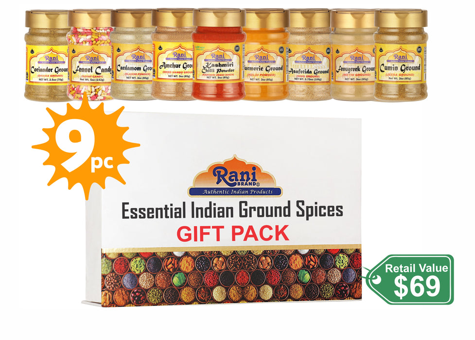 Rani Essential Indian Ground Spices 9 Bottle Gift Box Set, Average Weight per Bottle 3oz (85g), Indian Cooking, Makes a Great Gift!