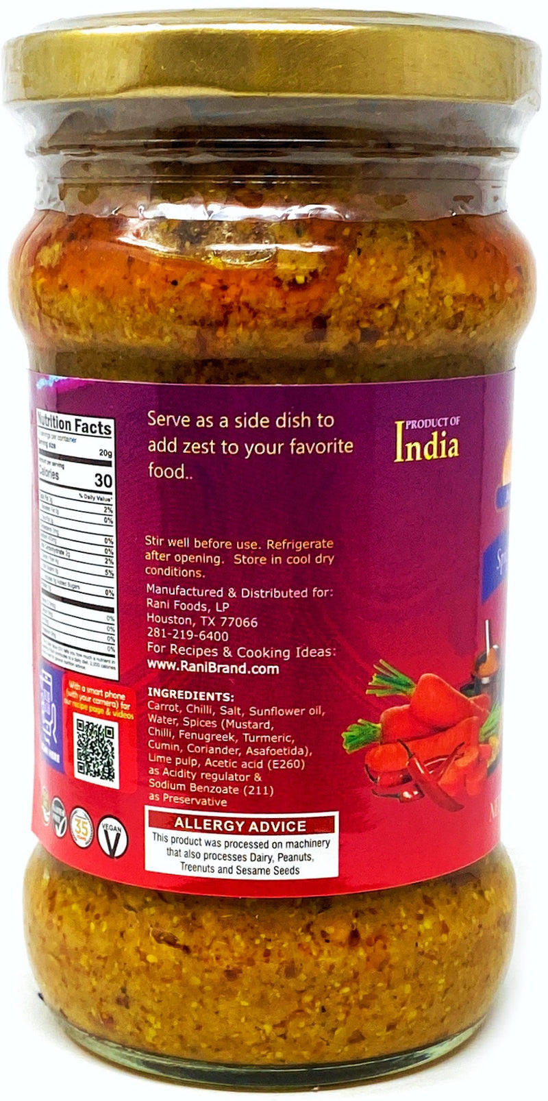 Rani Carrot & Chilli Pickle (Achar, Indian Relish) 10.5oz ~ Glass Jar, All Natural | Gluten Free | NON-GMO | No Colors | Popular Indian Condiment