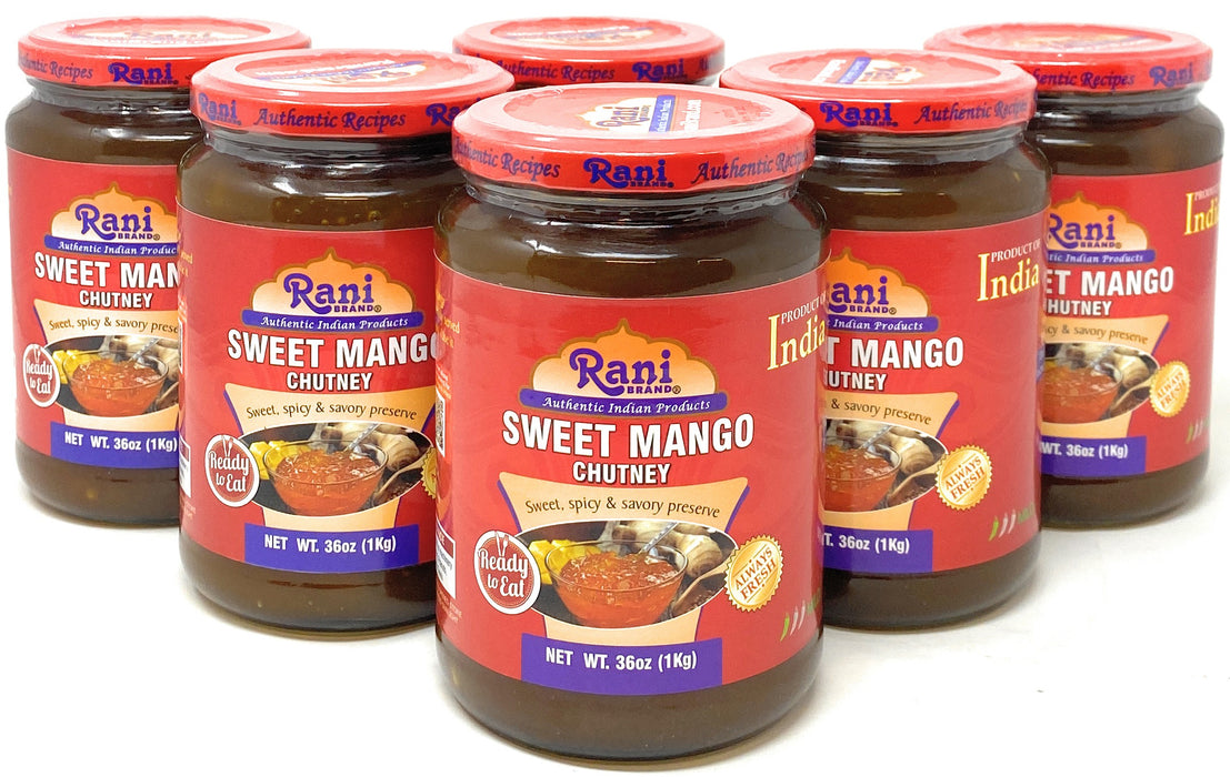 Rani Sweet Mango Chutney (Indian Preserve) 36oz (2.2lbs) 1kg Value Pack, Glass Jar, Ready to eat, Vegan, Pack of 5+1 ~ Gluten Free, All Natural, NON-GMO