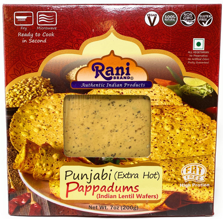Rani Pappadums (Indian Lentil Wafer Snack) Punjabi Papad - Extra Hot, 7oz (200g) Approximately 15pc, 7 inches ~ All Natural | Gluten Friendly | NON-GMO | Vegan | Indian Origin