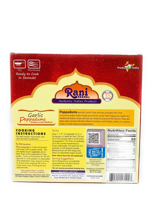 Rani Pappadums (Indian Lentil Wafer Snack) Garlic Papad 7oz (200g) Approximately 15pc, 7 inches, Pack of 2 ~ All Natural | Gluten Friendly | NON-GMO
