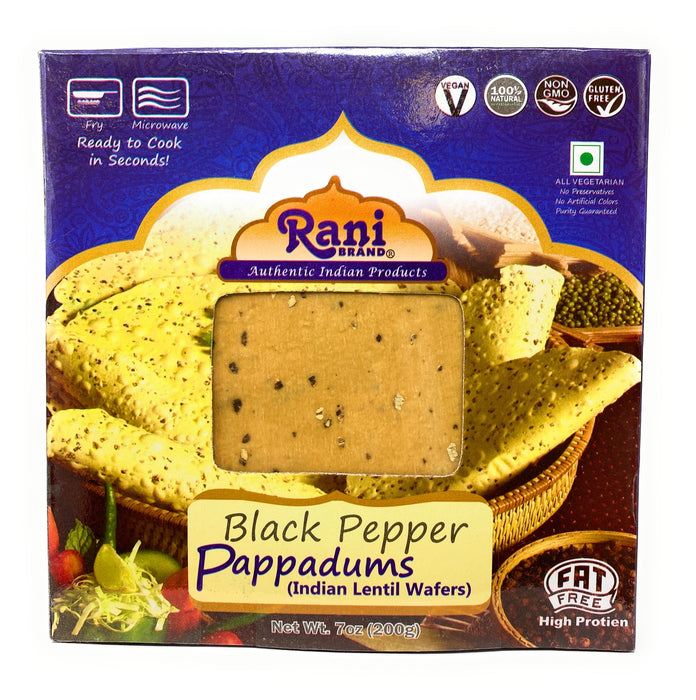 Rani Pappadums (Indian Lentil Wafer Snack) Black Pepper Papad 7oz (200g) Approximately 15pc, 7 inches, Pack of 2 ~ All Natural | Gluten Friendly | NON-GMO | Vegan | Indian Origin