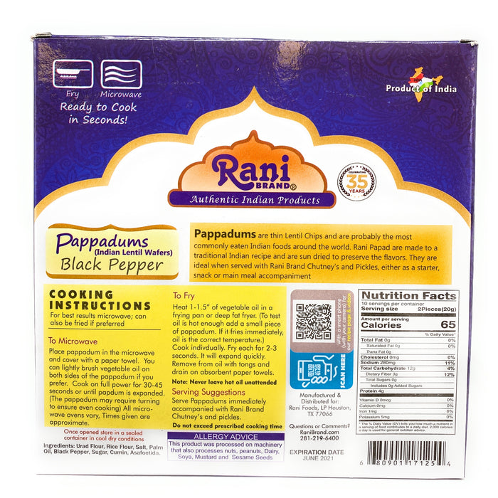 Rani Pappadums (Indian Lentil Wafer Snack) Black Pepper Papad 7oz (200g) Approximately 15pc, 7 inches ~ All Natural | Gluten Friendly | NON-GMO | Vegan | Indian Origin