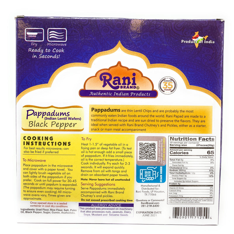 Rani Pappadums (Indian Lentil Wafer Snack) Black Pepper Papad 7oz (200g) Approximately 15pc, 7 inches, Pack of 12 ~ All Natural | Gluten Friendly | NON-GMO