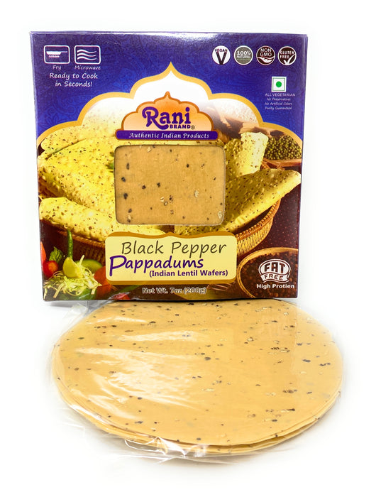 Rani Pappadums (Indian Lentil Wafer Snack) Black Pepper Papad 7oz (200g) Approximately 15pc, 7 inches ~ All Natural | Gluten Friendly | NON-GMO | Vegan | Indian Origin