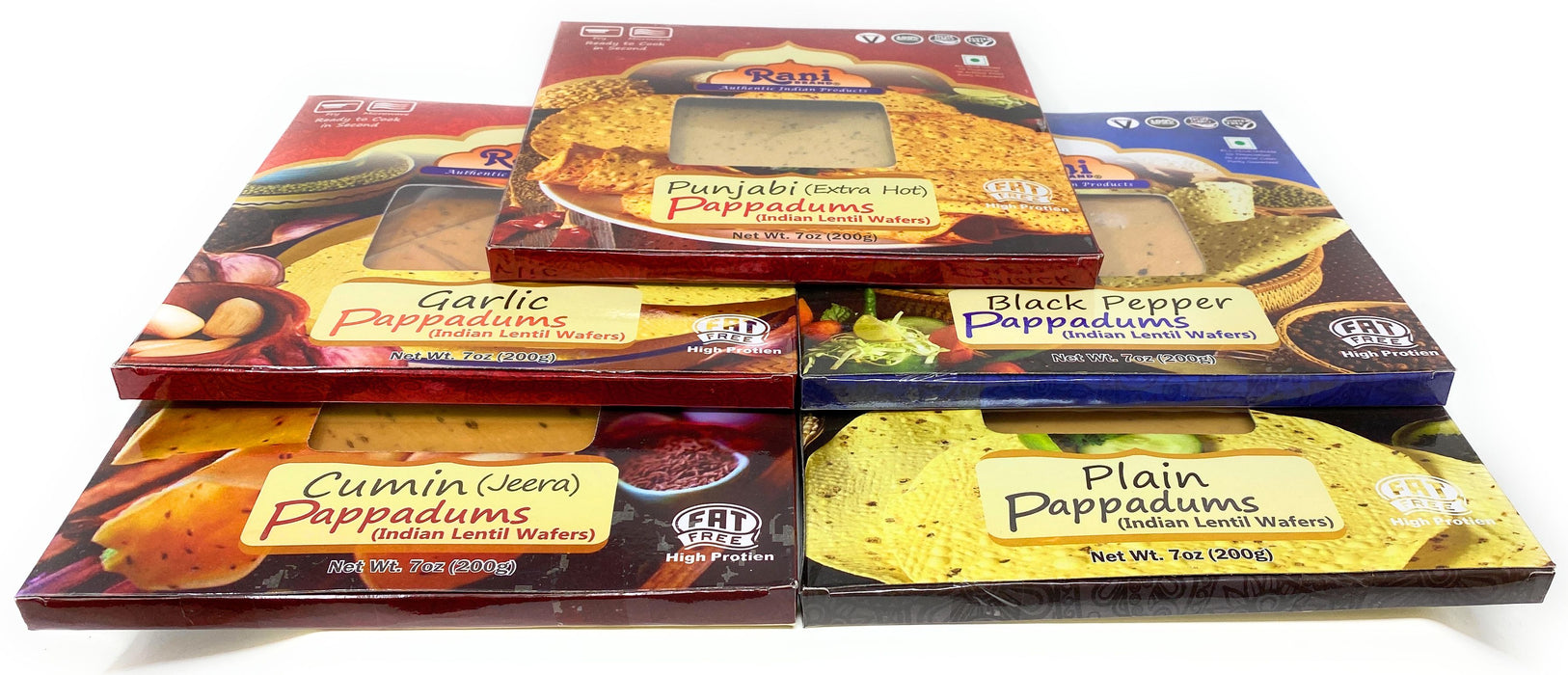 Rani Pappad (Lentil Wafer) 5-Variety Pack (Plain, Garlic, Cumin, Ex Hot, Black Pepper) 7ounce Approx 15pc, 7 inches  Natural, Gluten Free | NON-GMO