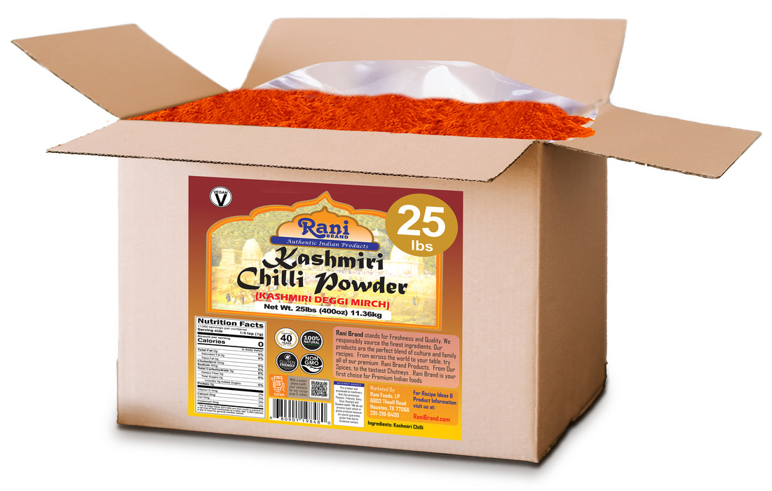 Rani Kashmiri Chilli Powder (Deggi Mirch, Low Heat) Ground Indian Spice 400oz (25lbs) 11.36kg Bulk Box ~ All Natural | Salt-Free | Gluten Friendly | Perfect for Deviled Eggs & Other Low Heat Dishes