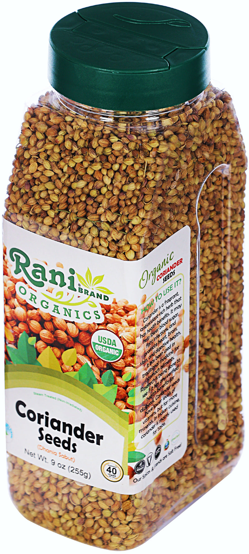Rani Organic Coriander Seeds Whole (Dhania Sabut) 9oz (255g) PET Jar ~ All Natural | Vegan | Gluten Friendly | Indian Origin | USDA Certified Organic