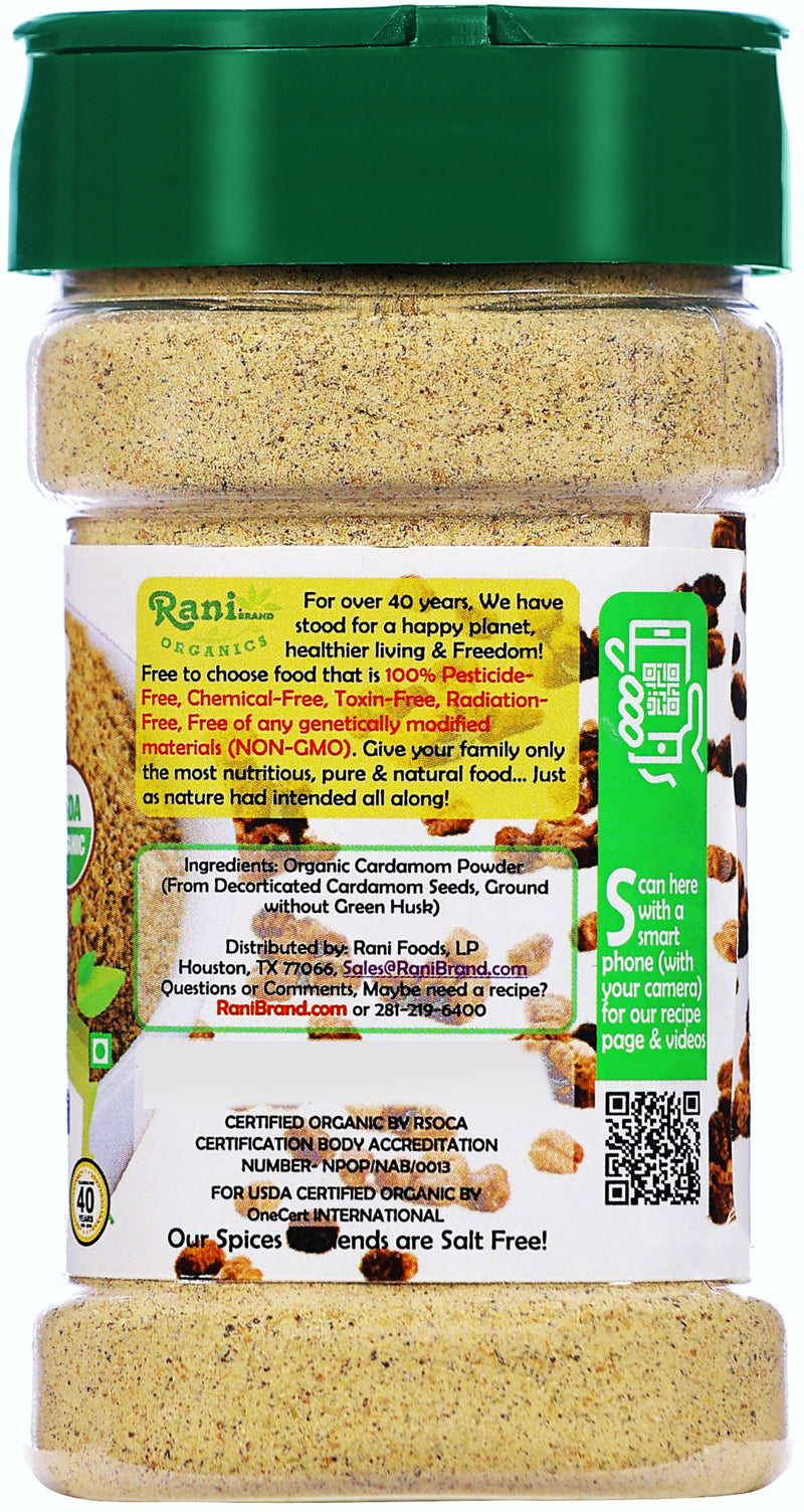 Rani Organic Cardamom (Elachi) Ground, Powder Indian Spice 3oz (85g) PET Jar ~ All Natural | Vegan | Gluten Friendly | USDA Certified Organic