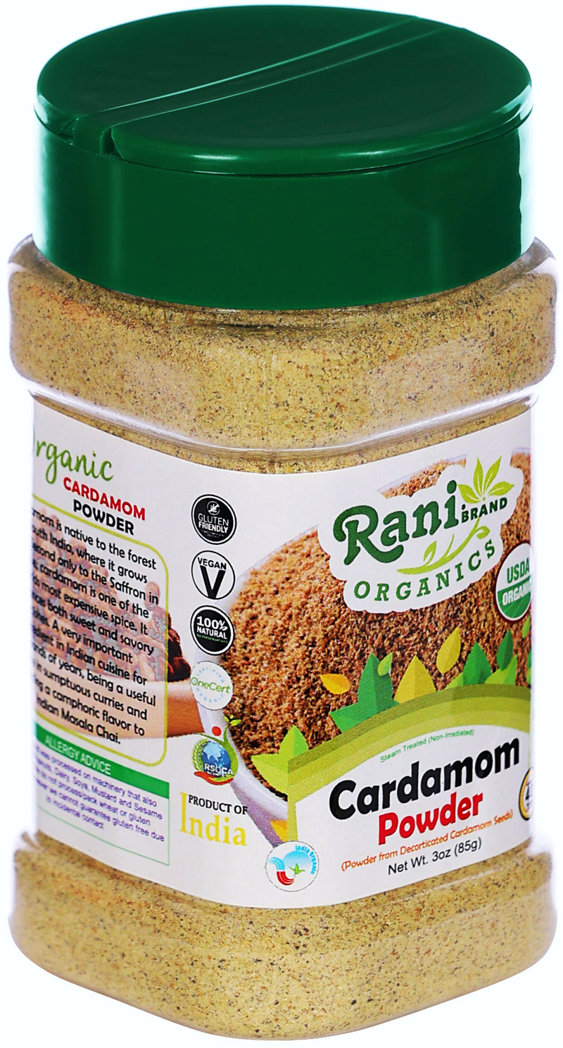 Rani Organic Cardamom (Elachi) Ground, Powder Indian Spice 3oz (85g) PET Jar ~ All Natural | Vegan | Gluten Friendly | USDA Certified Organic