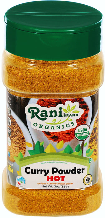 Rani Organic Curry Powder Hot (9-Spice Authentic Indian Blend) 3oz (85g) PET Jar ~ All Natural | Salt-Free | Gluten Friendly | USDA Certified Organic