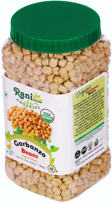 Rani Organic Garbanzo Beans (Kabuli Chana) 48oz (3lbs) 1.36kg Bulk PET Jar ~ All Natural | Vegan | Gluten Friendly | NON-GMO | Indian Origin