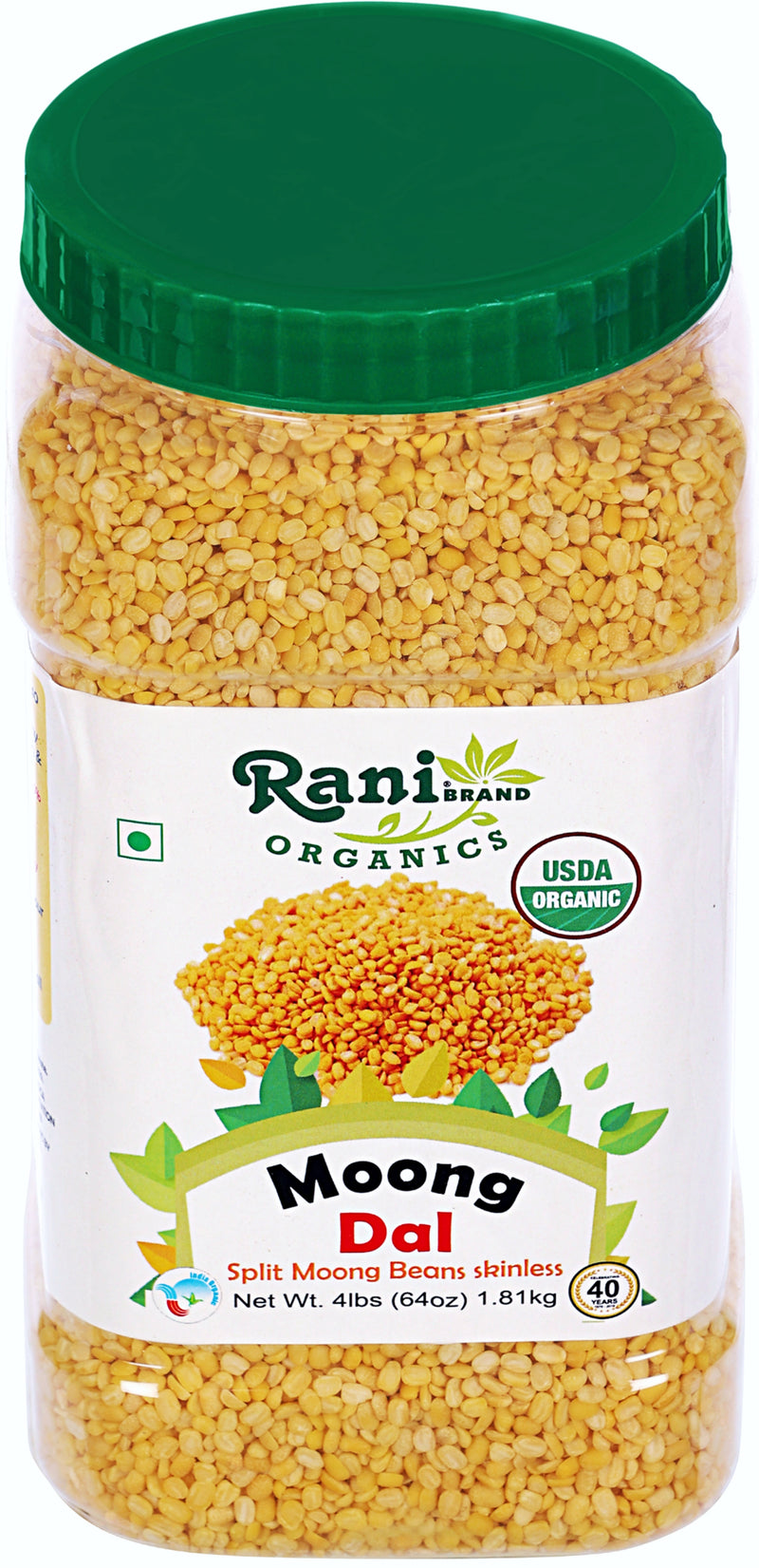 Rani Organic Moong Dal (Split Moong Beans Skinless) Indian Lentils 64oz (4lbs)1.81kg ~ All Natural | Vegan | Gluten Friendly | NON-GMO | Indian Origin