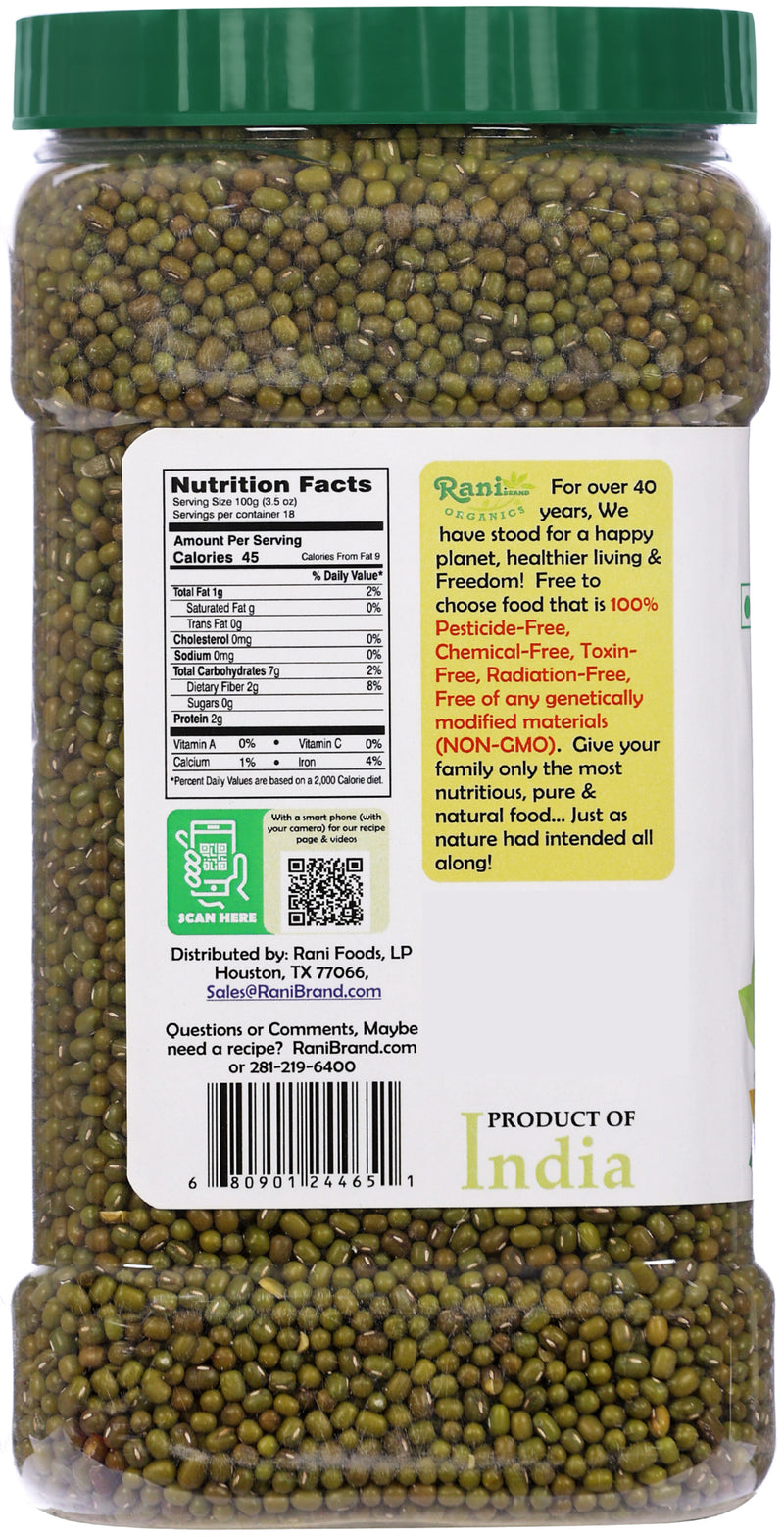 Rani Organic Moong Whole (Whole Mung Beans with Skin) Indian Lentils 64oz (4lbs) 1.81kg Bulk PET Jar ~ All Natural | Vegan | Gluten Friendly | NON-GMO