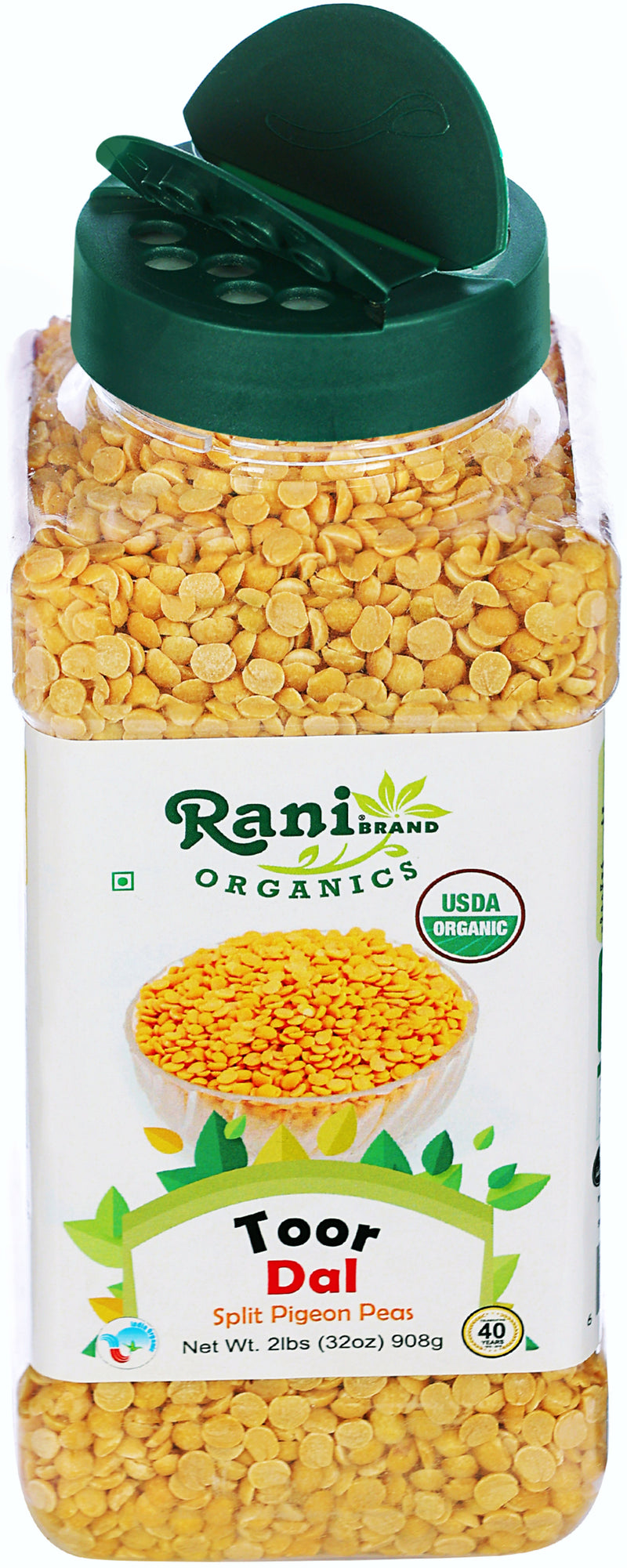 Rani Organic Toor Dal (Split Pigeon Peas) 32oz (2lbs) 908g PET Jar ~ All Natural | Vegan | Gluten Friendly | NON-GMO | Indian Origin
