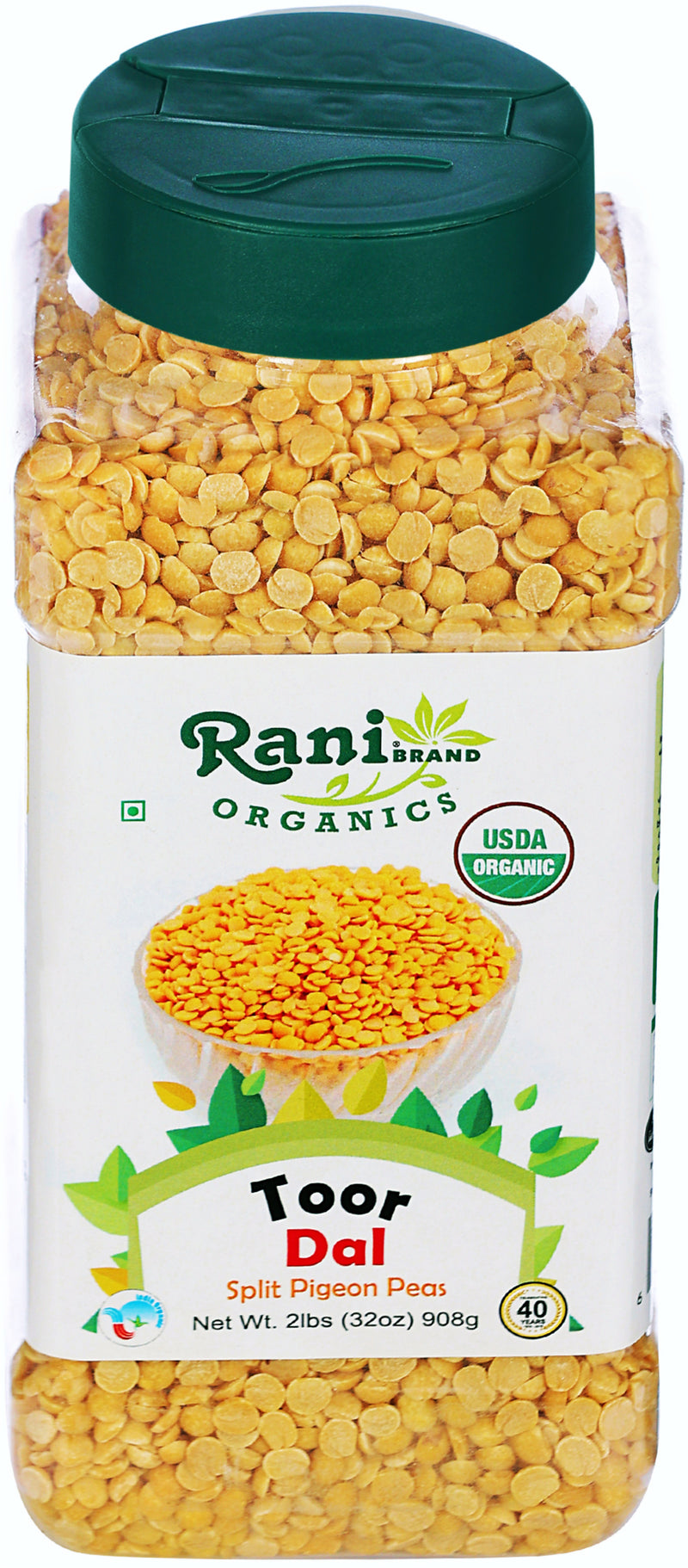 Rani Organic Toor Dal (Split Pigeon Peas) 32oz (2lbs) 908g PET Jar ~ All Natural | Vegan | Gluten Friendly | NON-GMO | Indian Origin