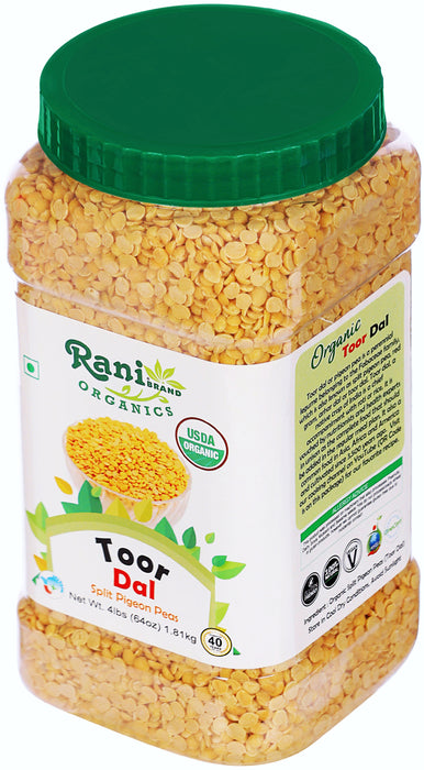 Rani Organic Toor Dal (Split Pigeon Peas) 64oz (4lbs) 1.81kg Bulk PET Jar ~ All Natural | Vegan | Gluten Friendly | NON-GMO | Indian Origin