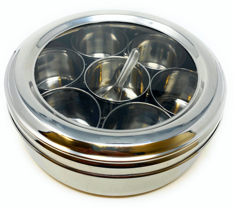Rani Spice Box Stainless Steel Transparent Round Storage (9.2in x 3in) For Spices (Masala Dabba) 7 Compartments, with spoon ~ Packed in an attractive box, perfect for gifts!