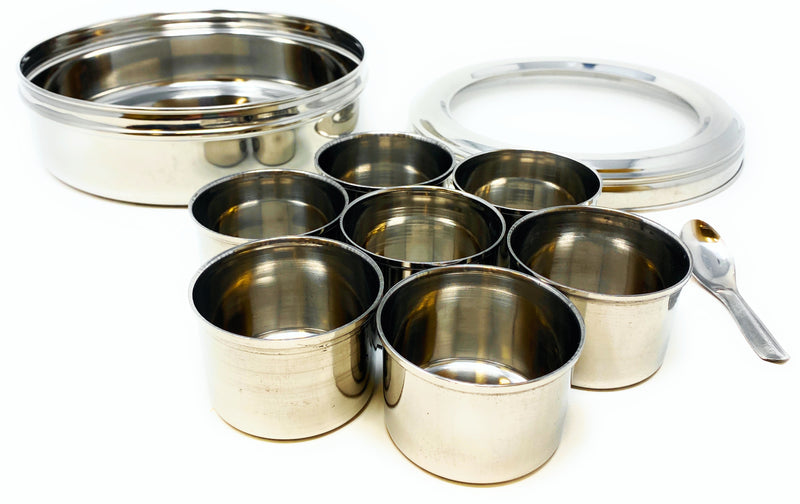Rani Spice Box Stainless Steel Transparent Round Storage For Spices (Masala Dabba) 7 Compartments, with spoon (7.5in x 2.8in) ~ Packed in an attractive box, perfect for gifts!