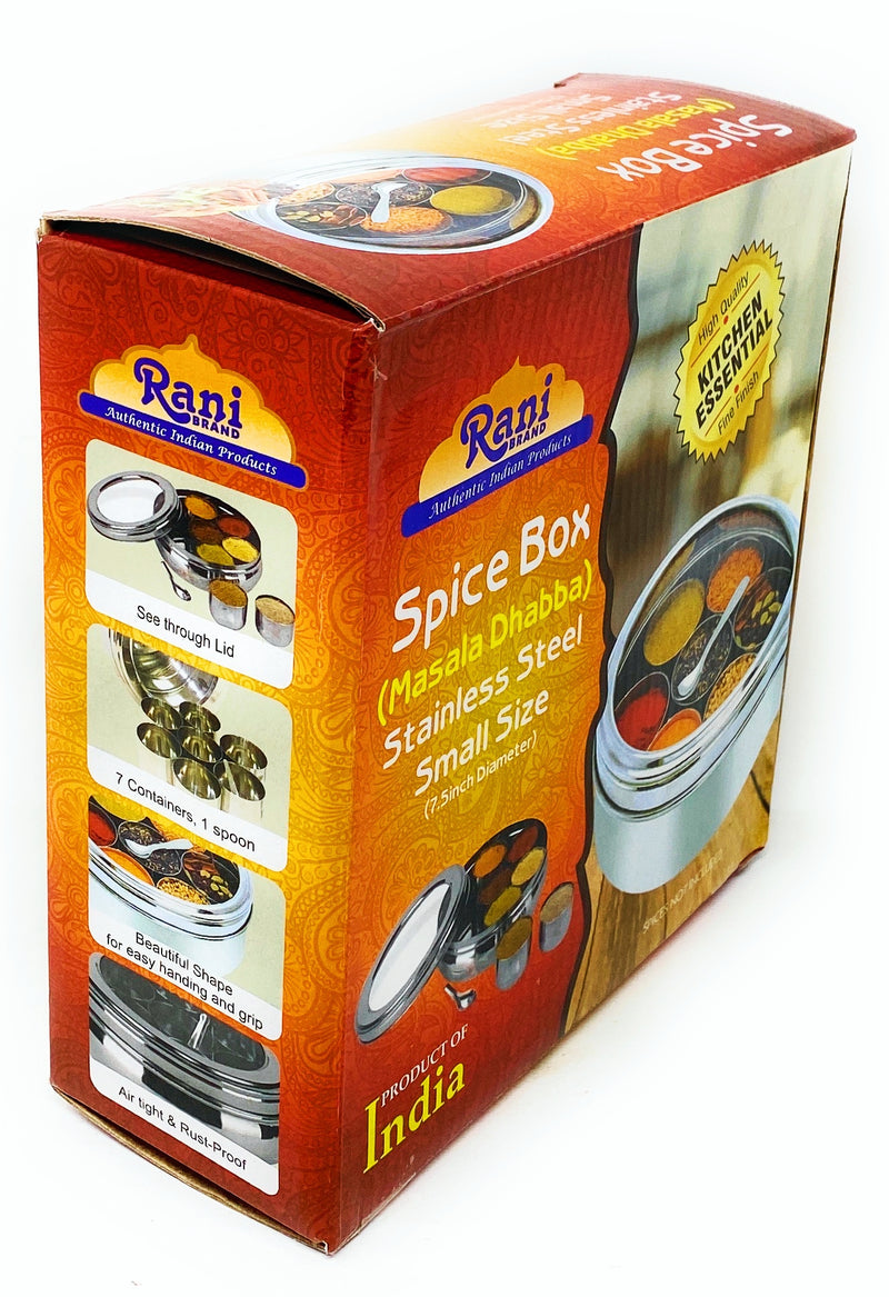 Rani Spice Box Stainless Steel Transparent Round Storage For Spices (Masala Dabba) 7 Compartments, with spoon (7.5in x 2.8in) ~ Packed in an attractive box, perfect for gifts!