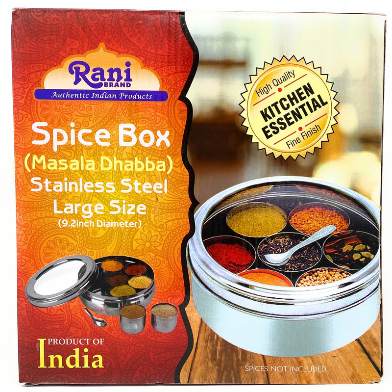 Rani Spice Box Stainless Steel Transparent Round Storage (9.2in x 3in) For Spices (Masala Dabba) 7 Compartments, with spoon ~ Packed in an attractive box, perfect for gifts!