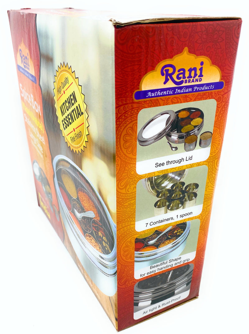 Rani Spice Box Stainless Steel Transparent Round Storage (9.2in x 3in) For Spices (Masala Dabba) 7 Compartments, with spoon ~ Packed in an attractive box, perfect for gifts!