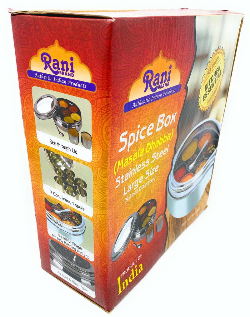 Rani Spice Box Stainless Steel Transparent Round Storage (9.2in x 3in) For Spices (Masala Dabba) 7 Compartments, with spoon ~ Packed in an attractive box, perfect for gifts!