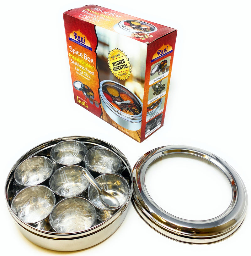 Rani Spice Box Stainless Steel Transparent Round Storage (9.2in x 3in) For Spices (Masala Dabba) 7 Compartments, with spoon ~ Packed in an attractive box, perfect for gifts!