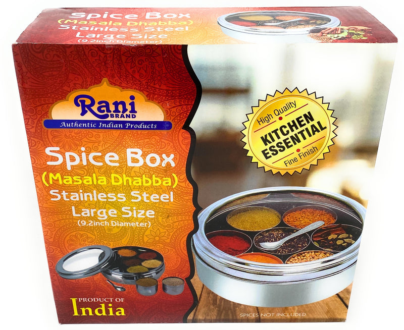 Rani Spice Box Stainless Steel Transparent Round Storage (9.2in x 3in) For Spices (Masala Dabba) 7 Compartments, with spoon ~ Packed in an attractive box, perfect for gifts!