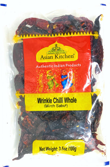 Asian Kitchen Wrinkled Chilies Whole Stemless (Mirch Sabut) 3.5oz (100g) ~ All Natural | Vegan | No Colors | Gluten Friendly | Indian Origin