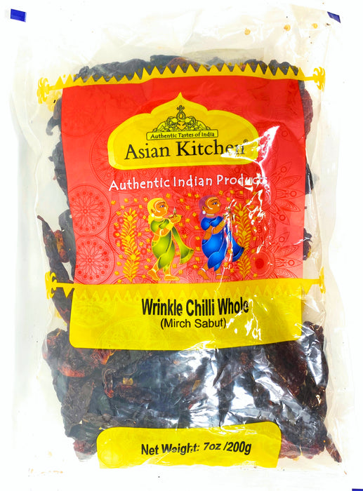 Asian Kitchen Wrinkled Chilies Whole Stemless (Mirch Sabut) 7oz (200g) ~ All Natural | Vegan | No Colors | Gluten Friendly | Indian Origin