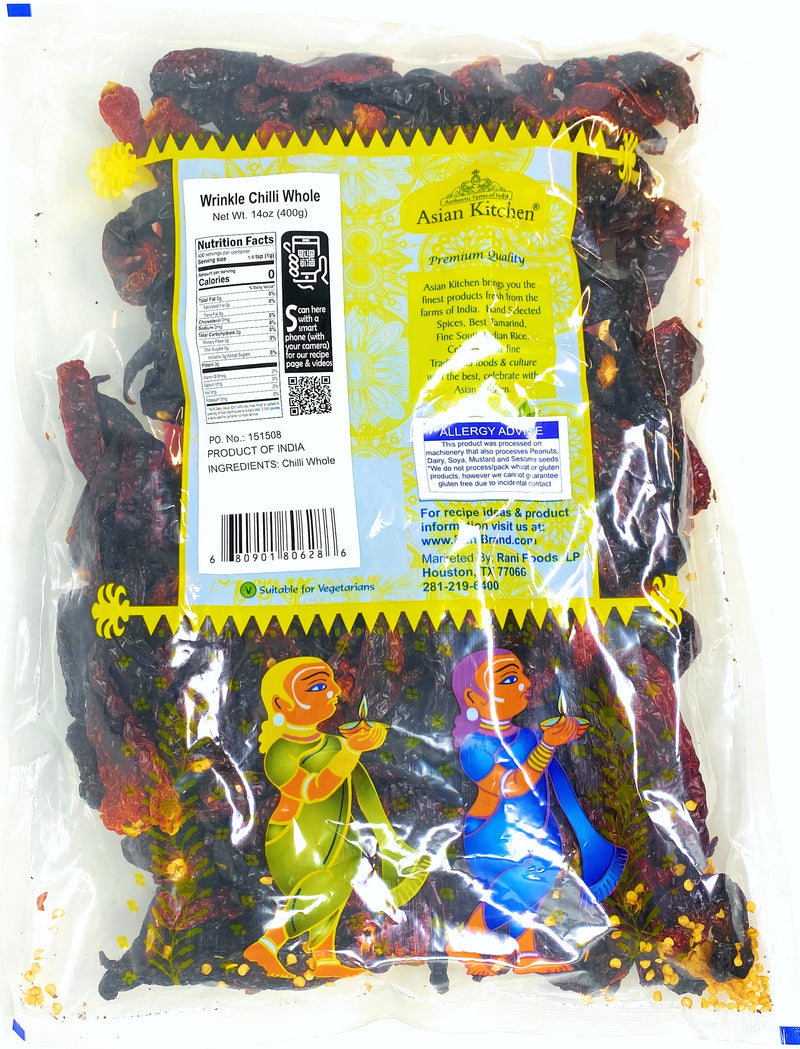 Asian Kitchen Wrinkled Chilies Whole Stemless (Mirch Sabut) 14oz (400g) ~ All Natural | Vegan | No Colors | Gluten Friendly | Indian Origin