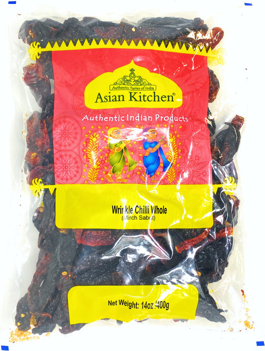 Asian Kitchen Wrinkled Chilies Whole Stemless (Mirch Sabut) 14oz (400g) ~ All Natural | Vegan | No Colors | Gluten Friendly | Indian Origin