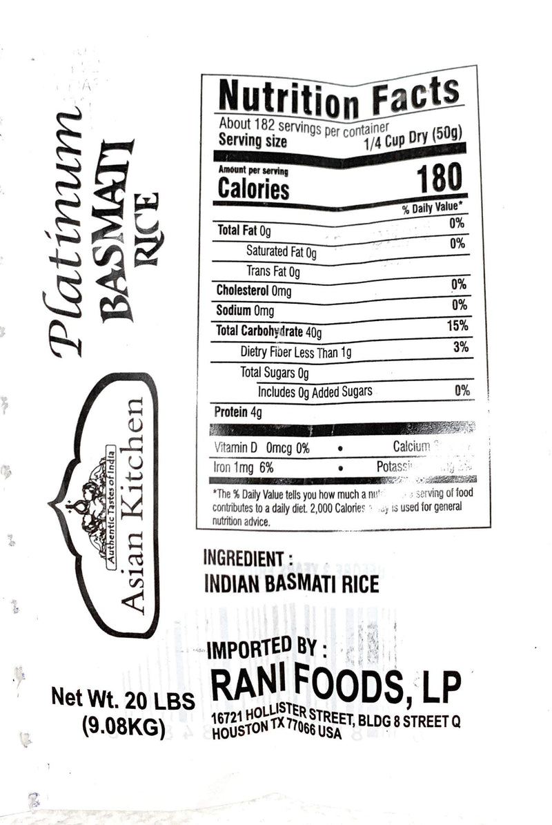 Asian Kitchen Platinum White Basmati Rice Extra Long Aged 20lbs (9.08kg) ~ All Natural | Gluten Friendly | Vegan | Indian Origin | Export Quality