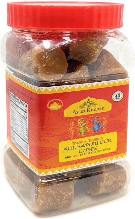Asian Kitchen Kolhapuri Gur (Jaggery) Cubes 17.5oz (1.1lbs) 500g PET Jar ~ Unrefined Cane Sugar, No Color added, Gluten Friendly | Vegan | NON-GMO | No Salt or fillers