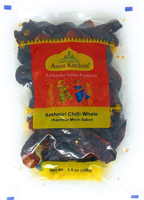 Asian Kitchen Kashmiri Chilli Whole Stemless, Low Heat Indian Chilli 3.5oz (100g) ~ All Natural | Vegan | Gluten Friendly | NON-GMO | Indian Origin