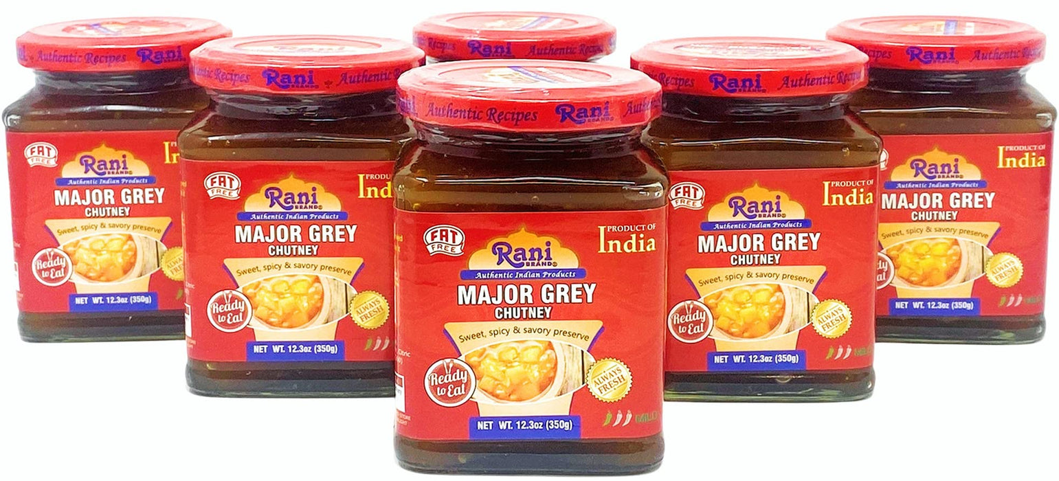 Rani Major Grey Mango Chutney (Indian Preserve) 12.3oz (350g) Glass Jar, Ready to eat, Vegan, Pack of 5+1 FREE ~ Gluten Free, All Natural, NON-GMO
