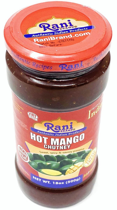 Rani Hot Mango Chutney (Spicy Indian Preserve) 18oz (1.1lbs) 500g Glass Jar, Ready to eat, Vegan ~ Gluten Free, All Natural, NON-GMO