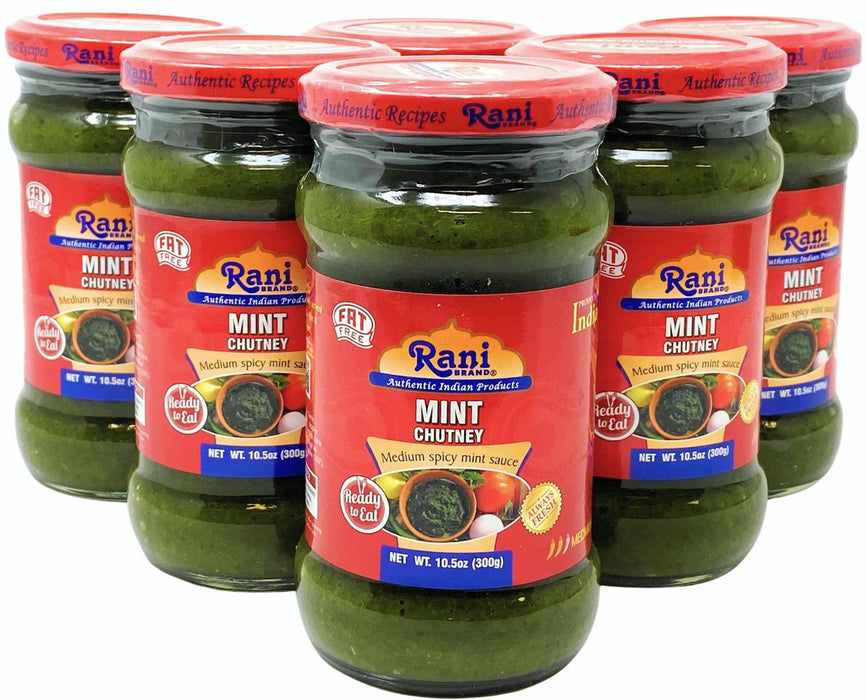 Rani Mint Chutney (Podina) 10.5oz (300g) Glass Jar, Ready to Eat, Pack of 5+1 FREE ~ Vegan | Gluten Free | NON-GMO | No Colors | Indian Origin