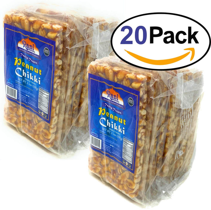 Rani Peanut Chikki (Brittle Candy) 100g (3.5oz) x Pack of 20 ~ All Natural | Vegan | No colors | Gluten Friendly | Indian Origin