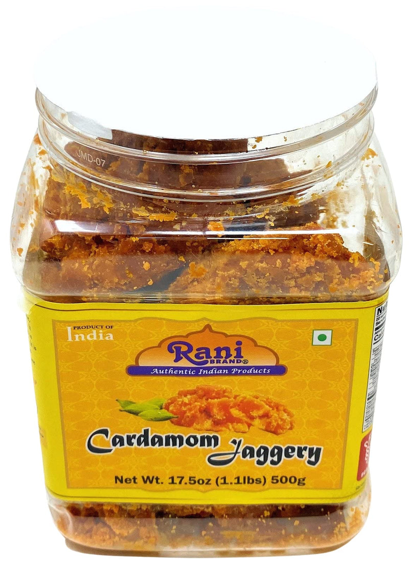 Rani Cardamom Jaggery (Gur) Indian Unrefined Raw Cane Sugar 17.5oz (1.1lbs) 500g PET Jar ~ Gluten Friendly | Vegan | NON-GMO | No Salt or fillers
