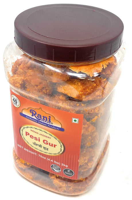 Rani Pesi Gur (Jaggery) Indian Unrefined Raw Cane Sugar 70oz (4.4lbs) 2kg PET Jar ~ Gluten Friendly | Vegan | NON-GMO | No Salt or fillers | Indian Product