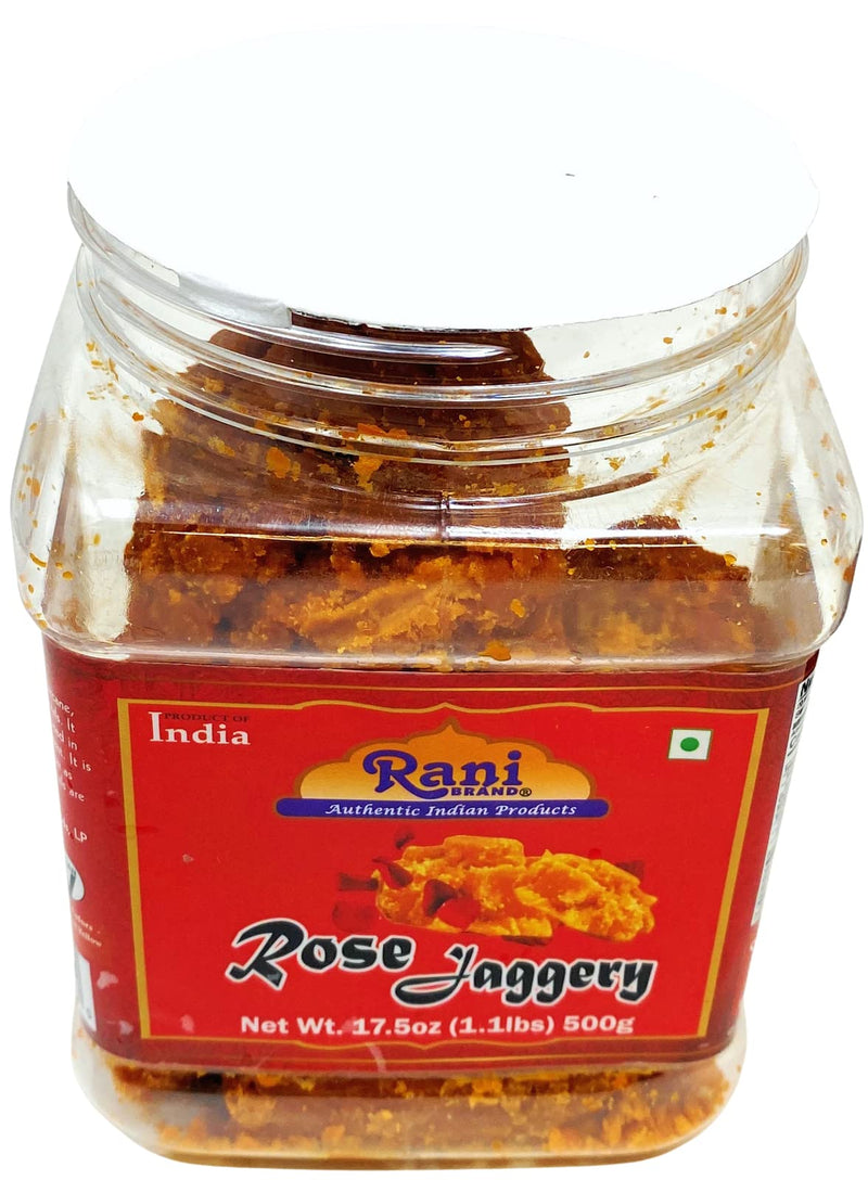Rani Rose Jaggery (Gur) Indian Unrefined Raw Cane Sugar 17.5oz (1.1lbs) 500g PET Jar ~ Gluten Friendly | Vegan | NON-GMO | No Salt or fillers