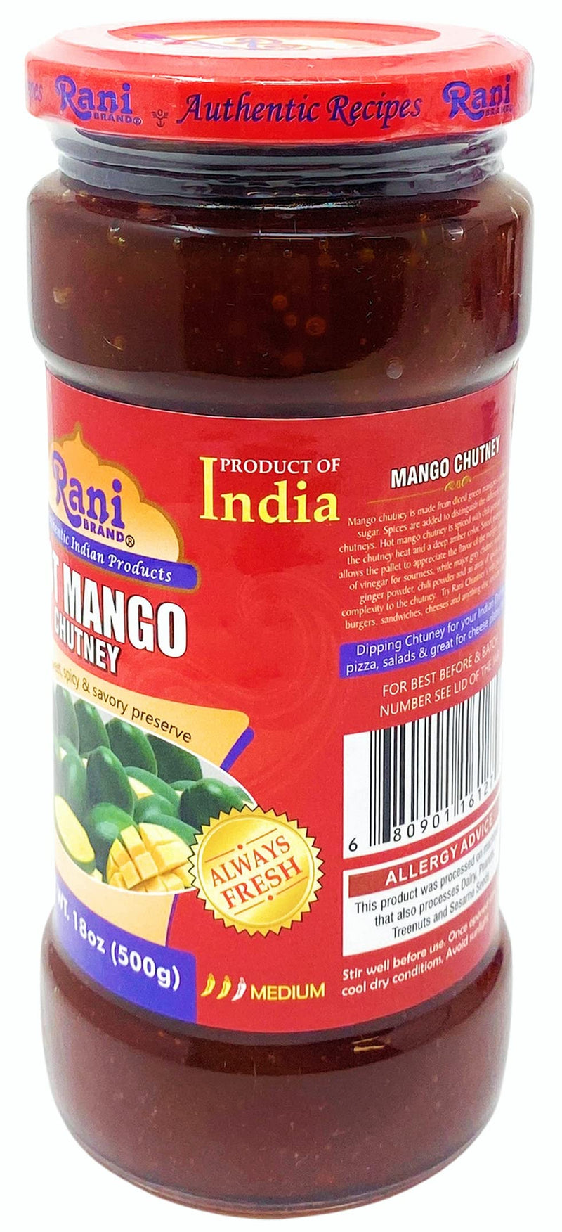 Rani Hot Mango Chutney (Spicy Indian Preserve) 18oz (1.1lbs) 500g Glass Jar, Ready to eat, Vegan, Pack of 5+1 FREE ~ Gluten Free, All Natural, NON-GMO